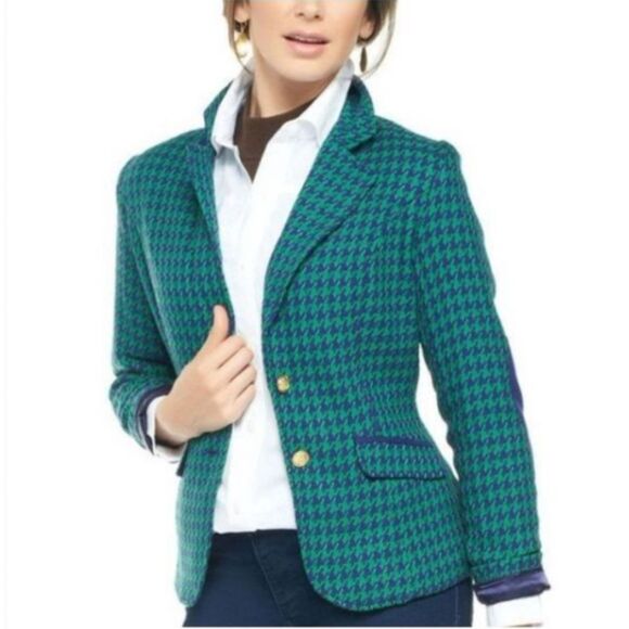 Joan Rivers Houndstooth Blazer‎ Green Purple Elbow Patch Academia Size 10 - Picture 1 of 6